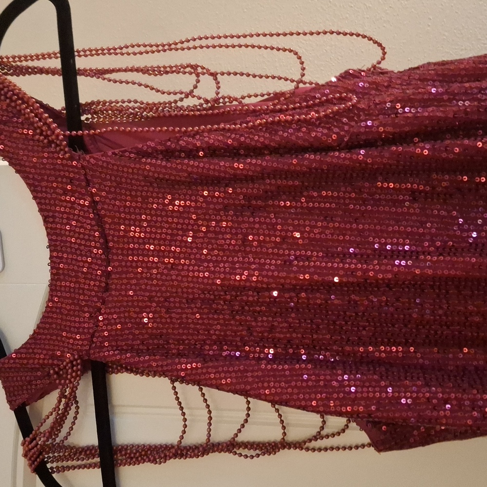Sequined Sleeveless Evening Gown with Beaded Shoulder Chains - Picture 2 of 4